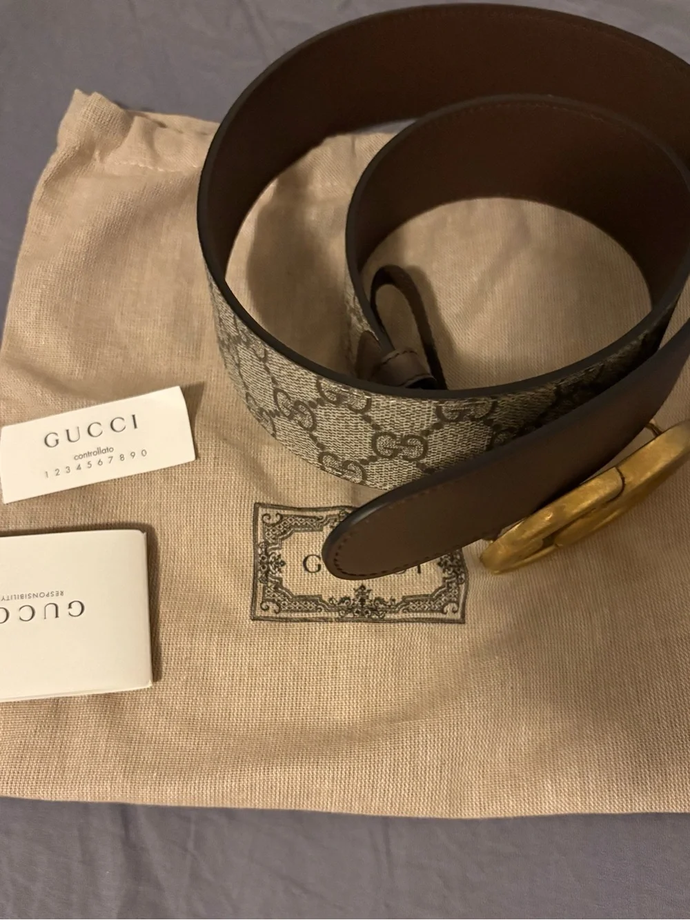 Gucci Beige GG Supreme Canvas Leather Belt with Gold Double G Buckle